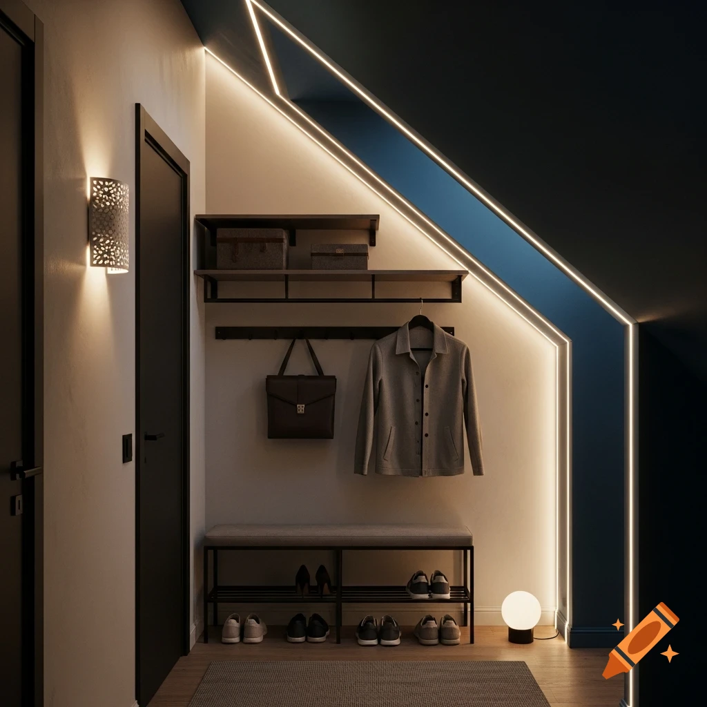 A stylish, dimly lit entryway featuring a sloped ceiling with LED strip lights, a coat rack, bench, and shoe organizer.