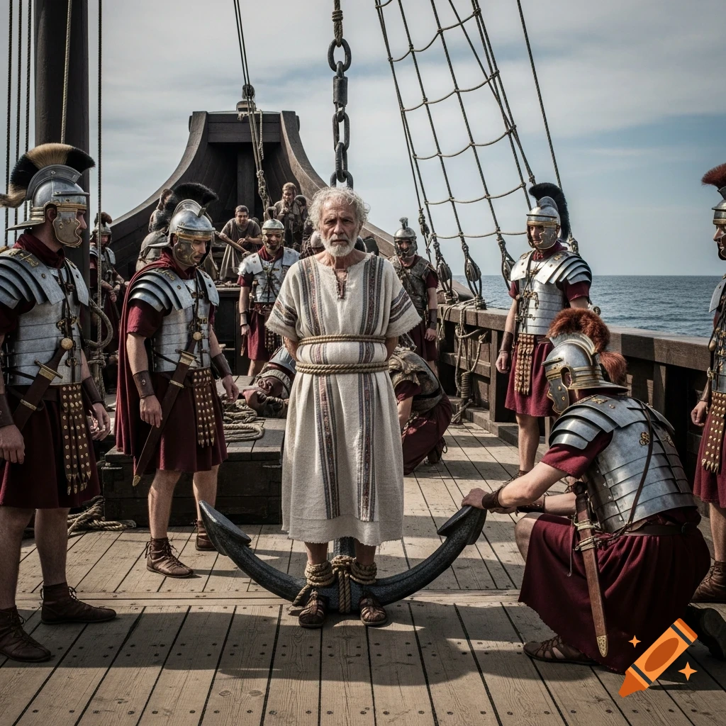 Photorealistic image of an old man tied to a large anchor, surrounded by Roman soldiers on a wooden ship deck at sea.
