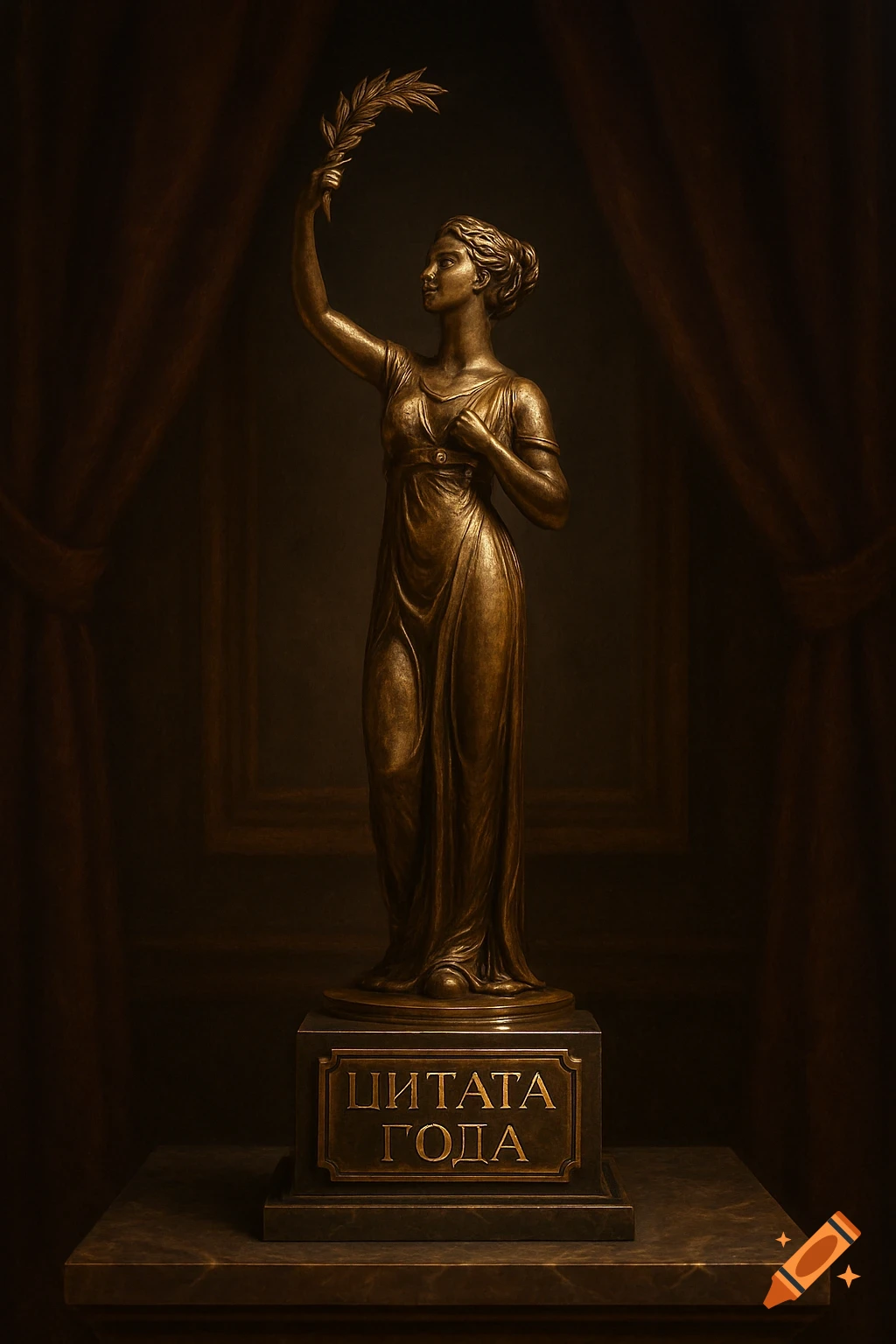 A bronze-colored statue of a woman in a flowing gown holding a laurel branch, standing on a base with 'ЦИТАТА ГОДА' inscribed on it.
