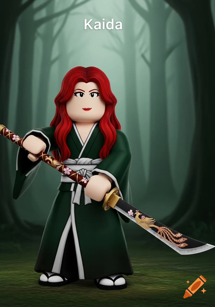 A Roblox-style character named Kaida with red hair, green kimono, holding a sword with phoenix and cherry blossom designs, in a foggy forest.
