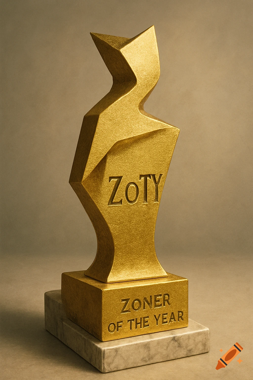 A golden, abstract award trophy with 'ZoTY' and 'ZONER OF THE YEAR' engraved, standing on a marble base.