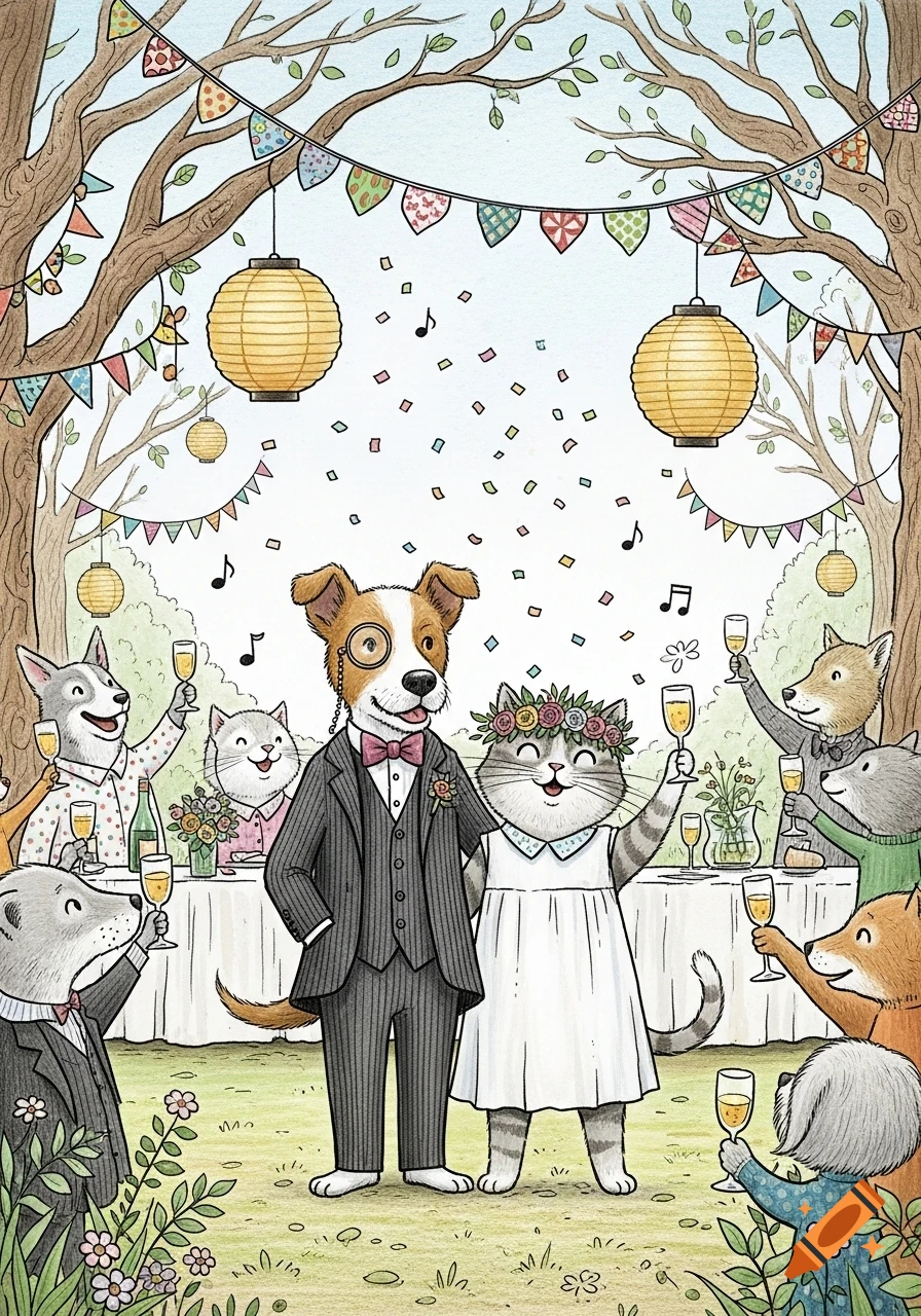 Illustration of a dog and cat in wedding attire celebrating with animal guests in a garden under strung lanterns and confetti.