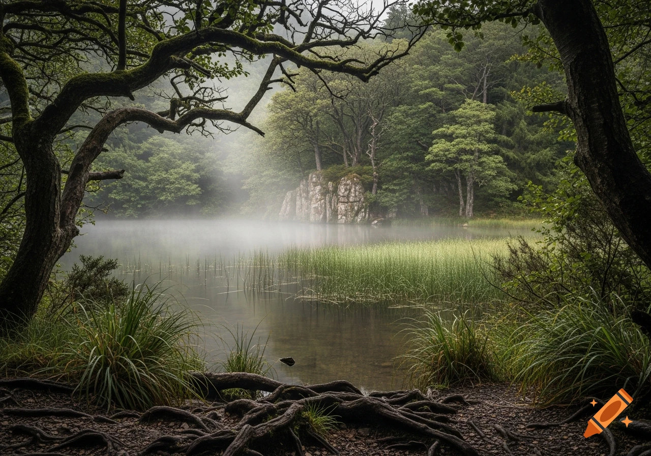 A photorealistic misty lake in a dense forest with gnarled trees, tall grasses, and visible roots in the foreground.