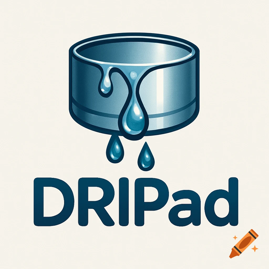 A logo featuring a cylindrical pipe-like object dripping blue water droplets, with the word 'DRIPad' below in dark blue.