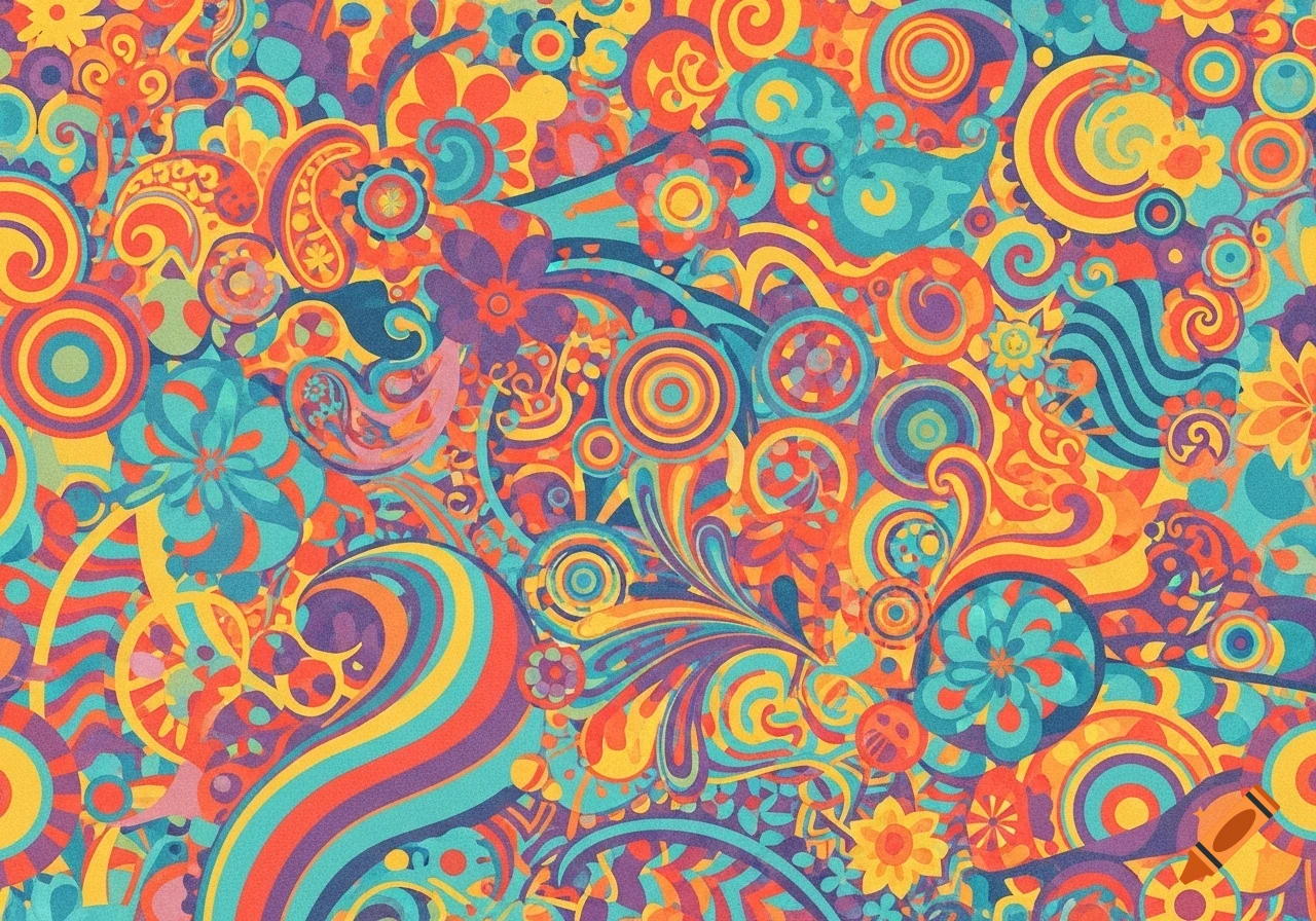 A vibrant, colorful psychedelic pattern with swirls, flowers, and paisley motifs in a 1960s graphic style.