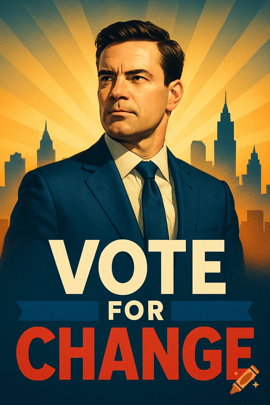 Retro-style political poster features a confident man in a suit against a cityscape and sunburst, with text 'VOTE FOR CHANGE'.