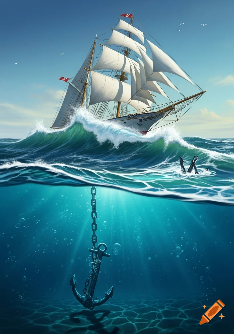 A grand sailboat on a stormy sea, with an anchor submerged in the deep blue ocean below, illustrated.
