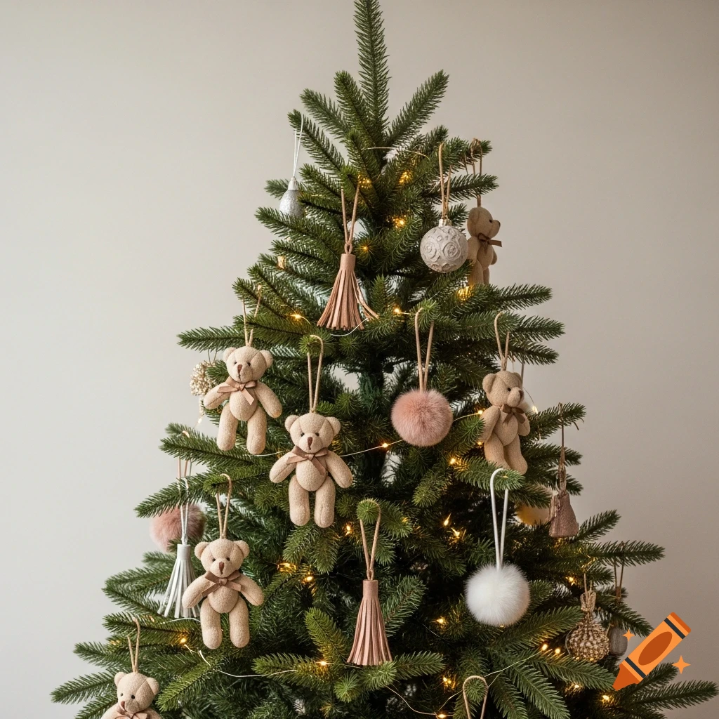 Close-up of a Christmas tree decorated with beige teddy bear ornaments, pink pom-poms, and warm fairy lights.