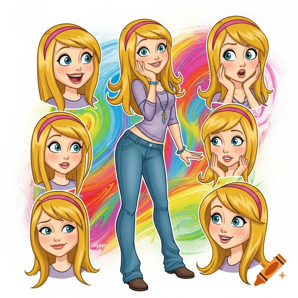 A 2D cartoon blonde girl in jeans and a purple top, surrounded by six headshots showing her different facial expressions, against a colorful swirling background.