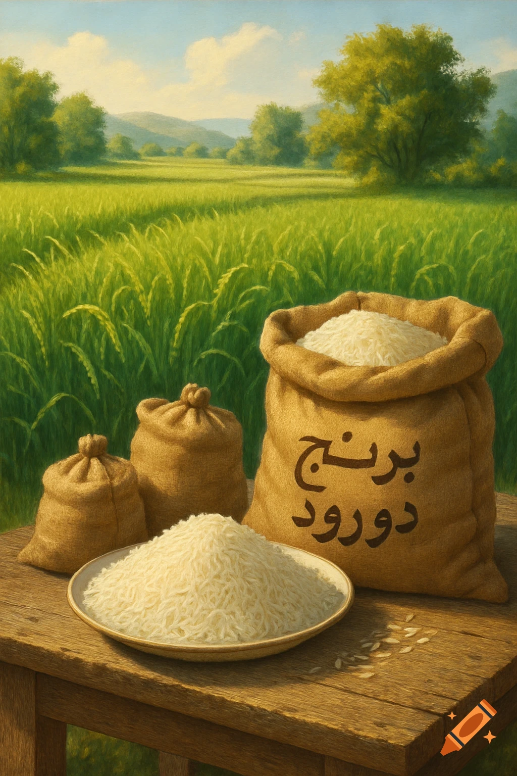 A plate of white rice and burlap sacks with Persian text on a wooden table, set against a vibrant green rice paddy field.
