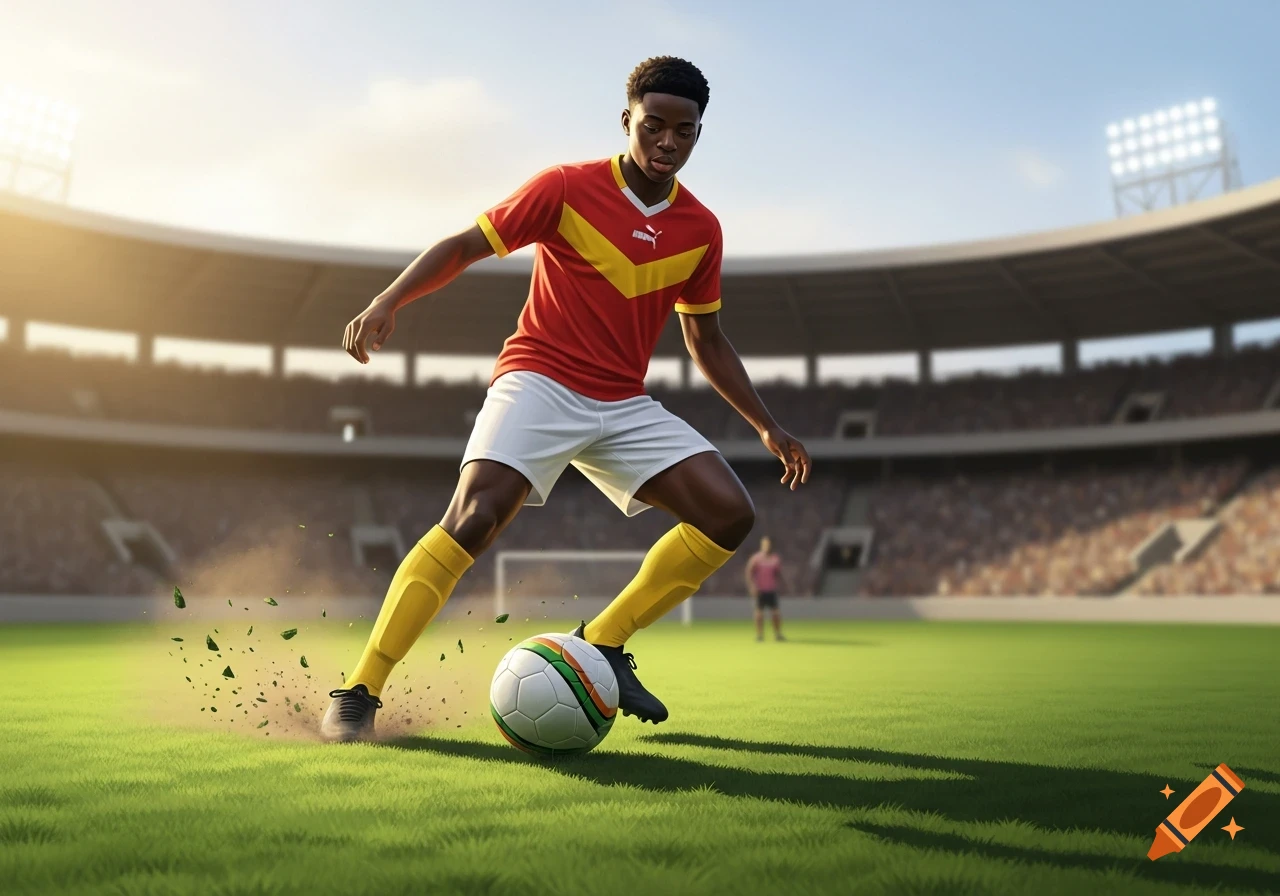 A male soccer player in a red and yellow jersey dribbles a ball on a green field in a stadium.