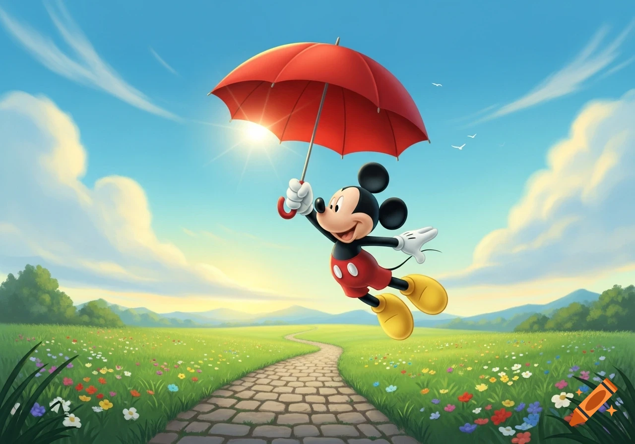 Mickey Mouse flies high above a winding path in a flower field, holding a red umbrella under a bright blue sky.