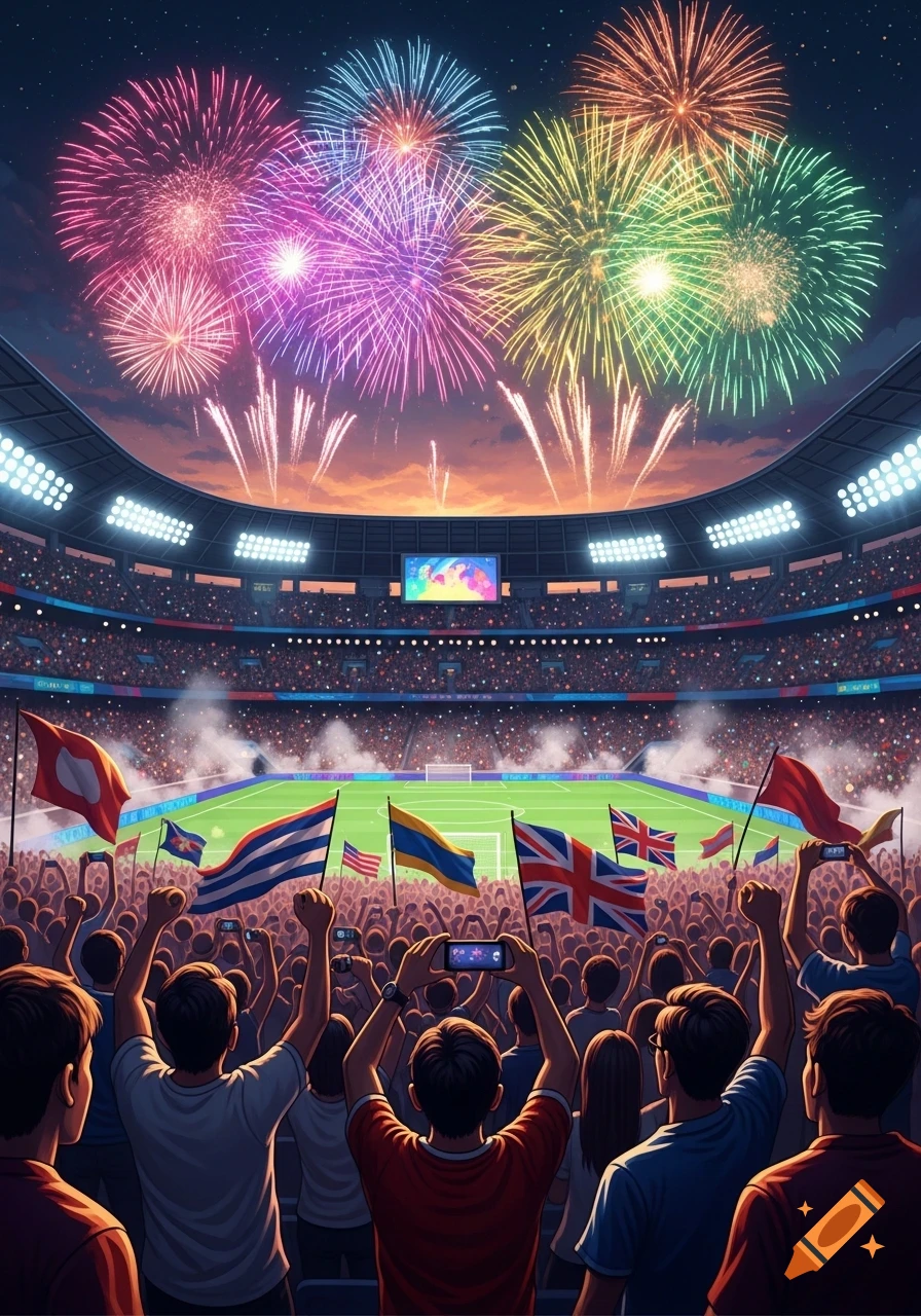A packed sports stadium at night with a cheering crowd, holding flags, watching colorful fireworks burst over the field.
