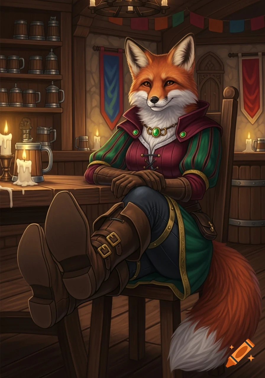 A detailed illustration of an anthropomorphic red fox in medieval garbs sitting with feet crossed on a tavern table, smiling serenely.