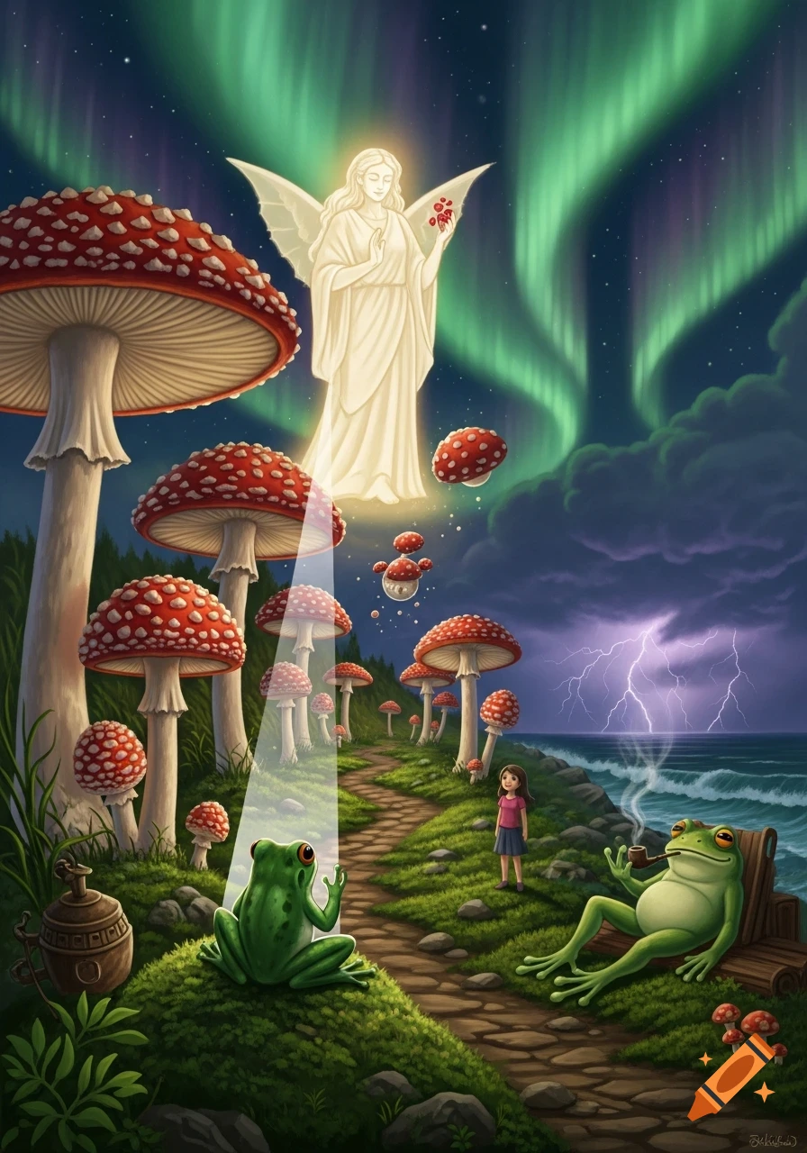 A fantasy scene with a glowing angel, giant mushrooms, a girl, and frogs under aurora borealis and distant lightning.