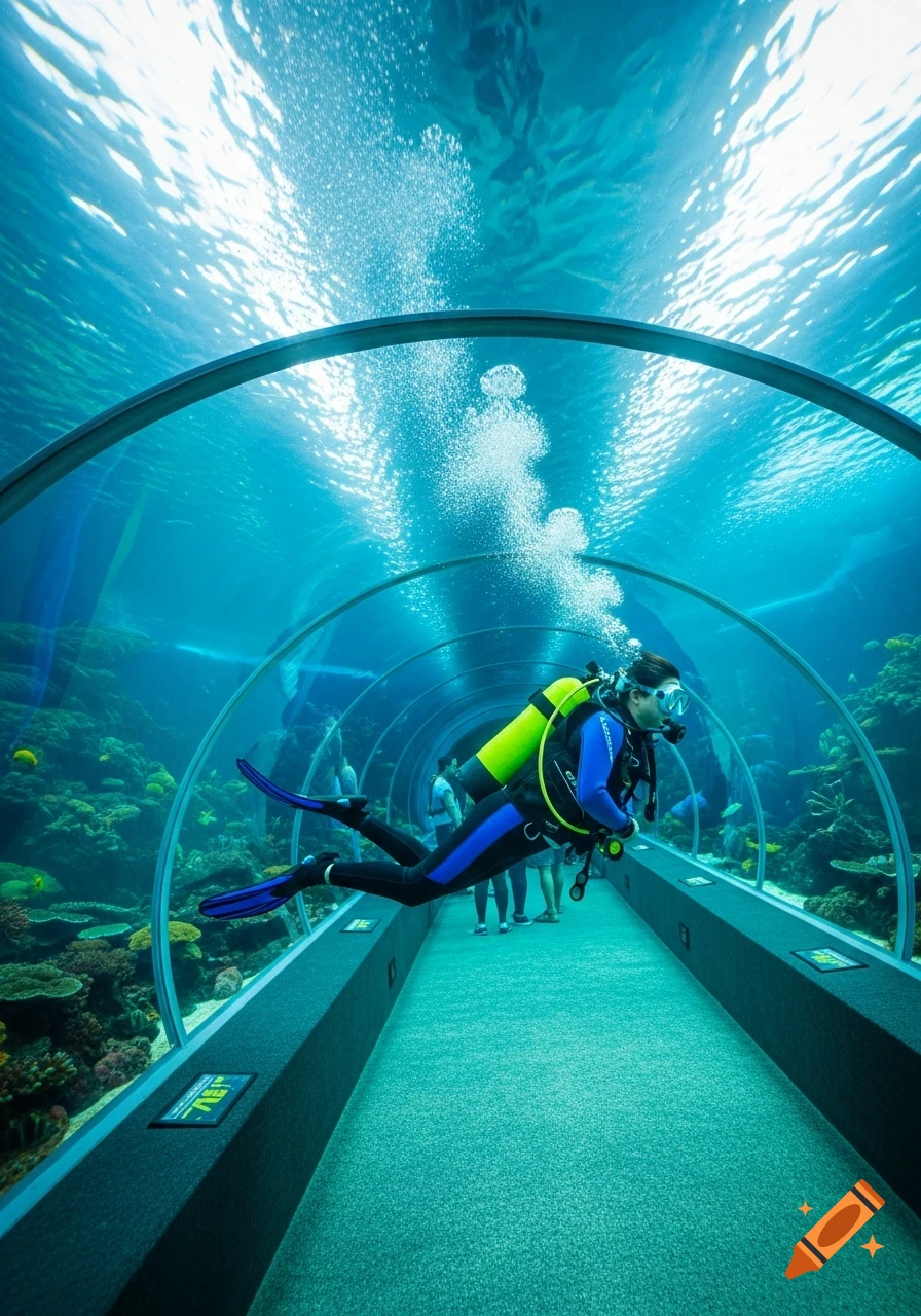Photorealistic image of a diver in a wetsuit and oxygen tank swimming inside a large glass underwater aquarium tunnel, with coral and fish outside.