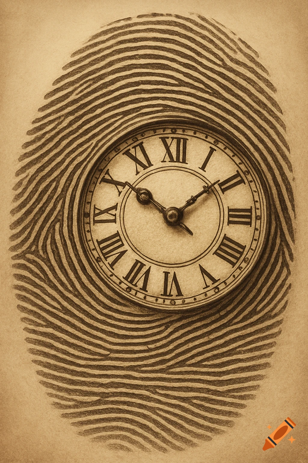 An antique clock face with Roman numerals and hands set to 1:20, forming the center of a stylized fingerprint pattern on sepia-toned paper, resembling a detailed charcoal drawing.
