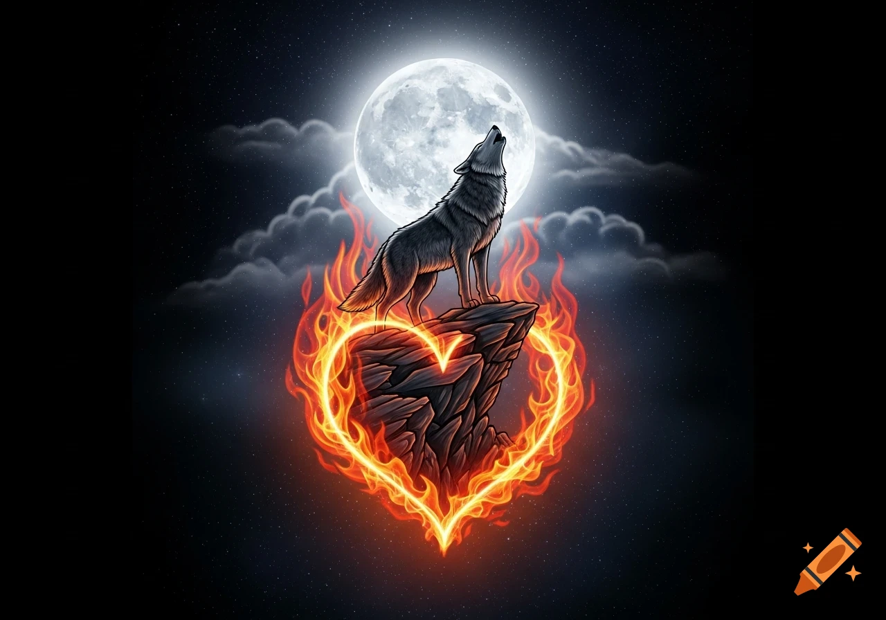 A stylized illustration of a wolf howling on a rock surrounded by a heart of fire, under a bright full moon and starry night sky.
