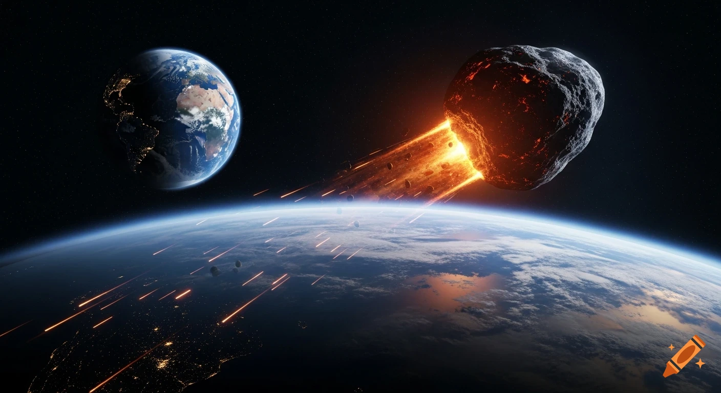 A large, glowing asteroid impacts Earth's atmosphere, creating a fiery trail as the planet looms in space.