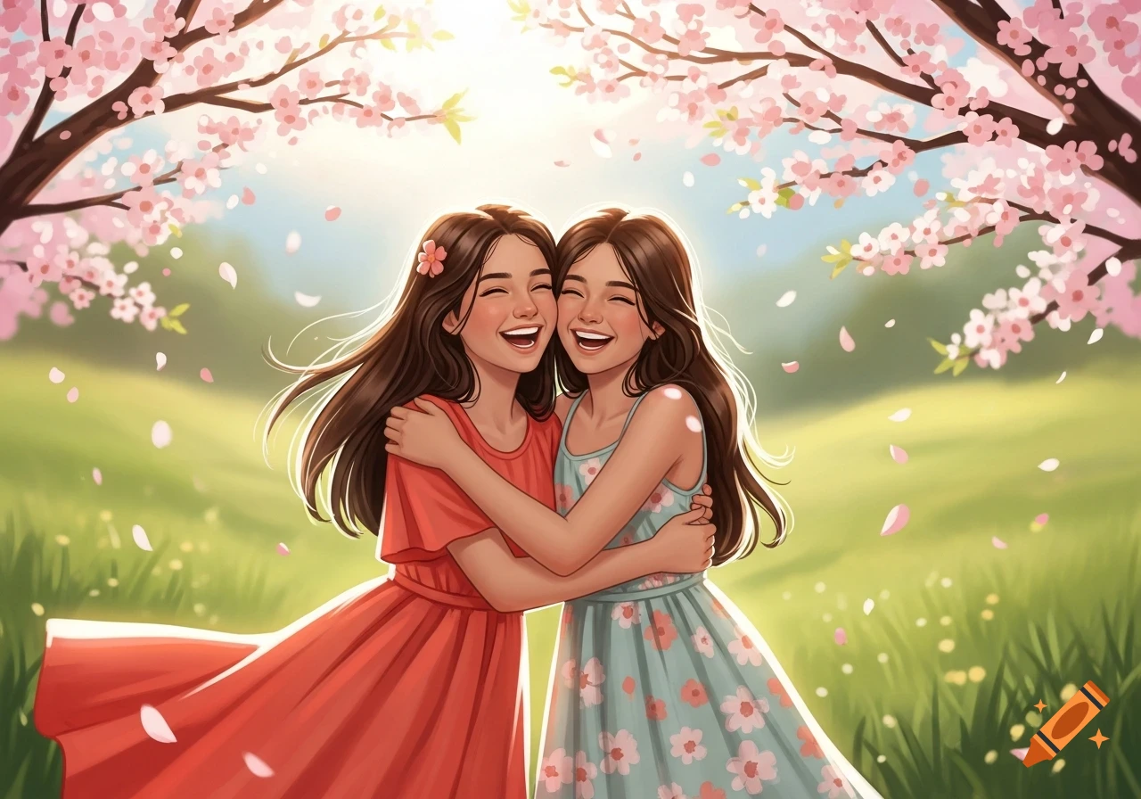 Two happy girls hugging under a blooming cherry tree, cartoon illustration.