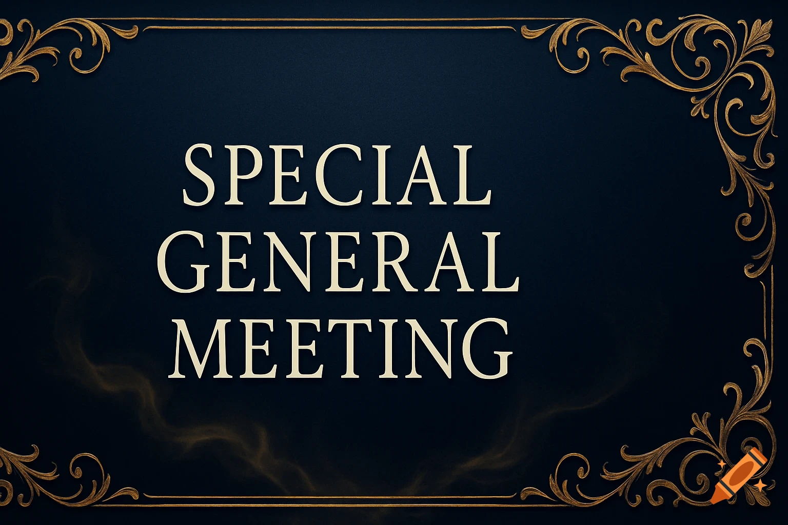 A formal dark blue banner with golden ornate borders displaying the text 'SPECIAL GENERAL MEETING' in cream capital letters.