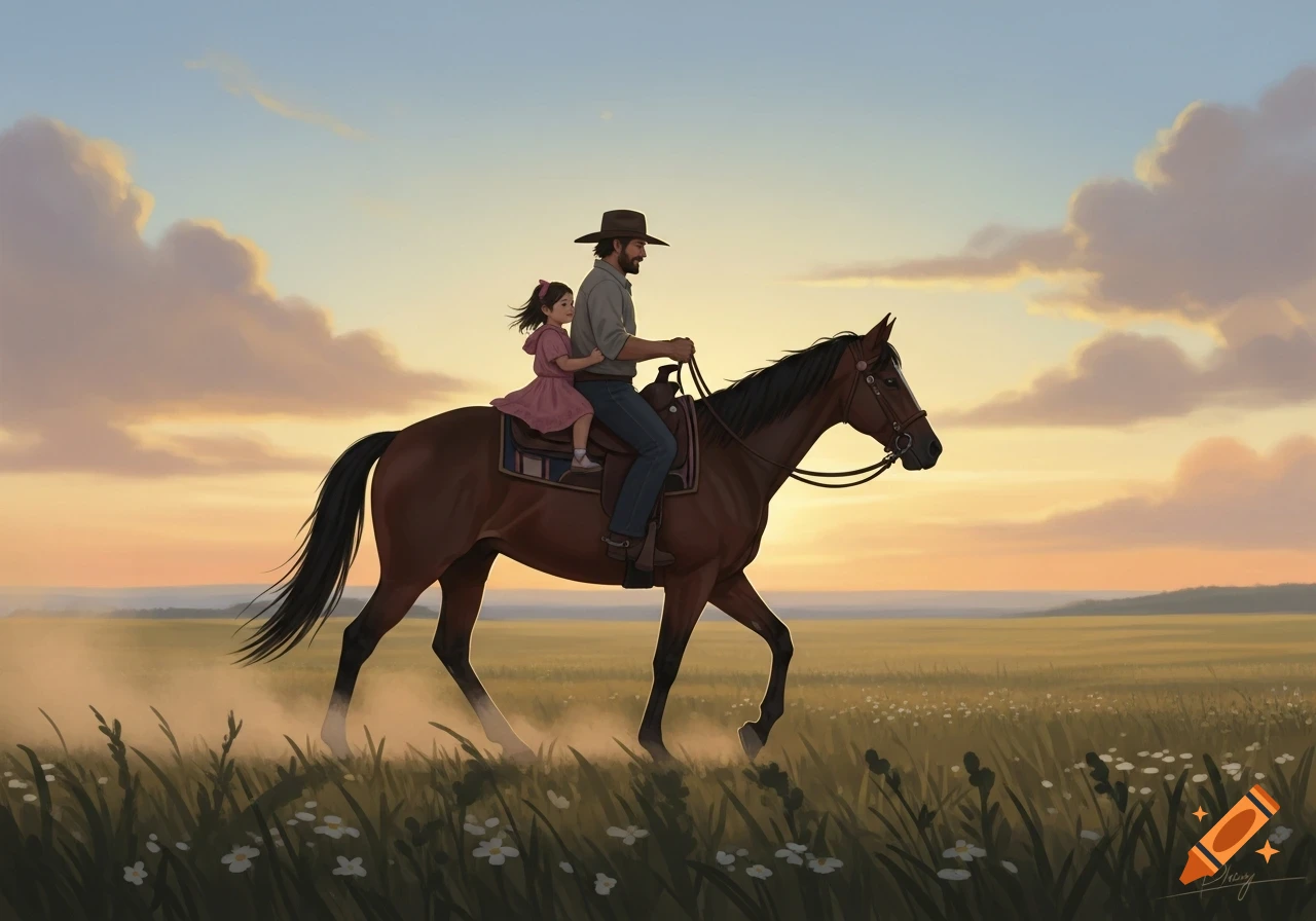 An illustration of a father and daughter riding a horse through a field at sunset.