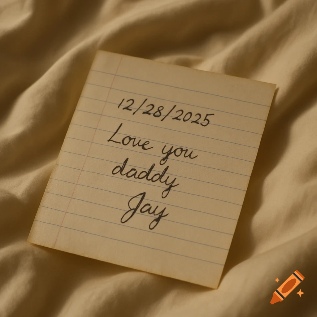 A hyperrealistic close-up of a handwritten note on lined paper, reading '12/28/2025 Love you daddy Jay', resting on a beige bedsheet.