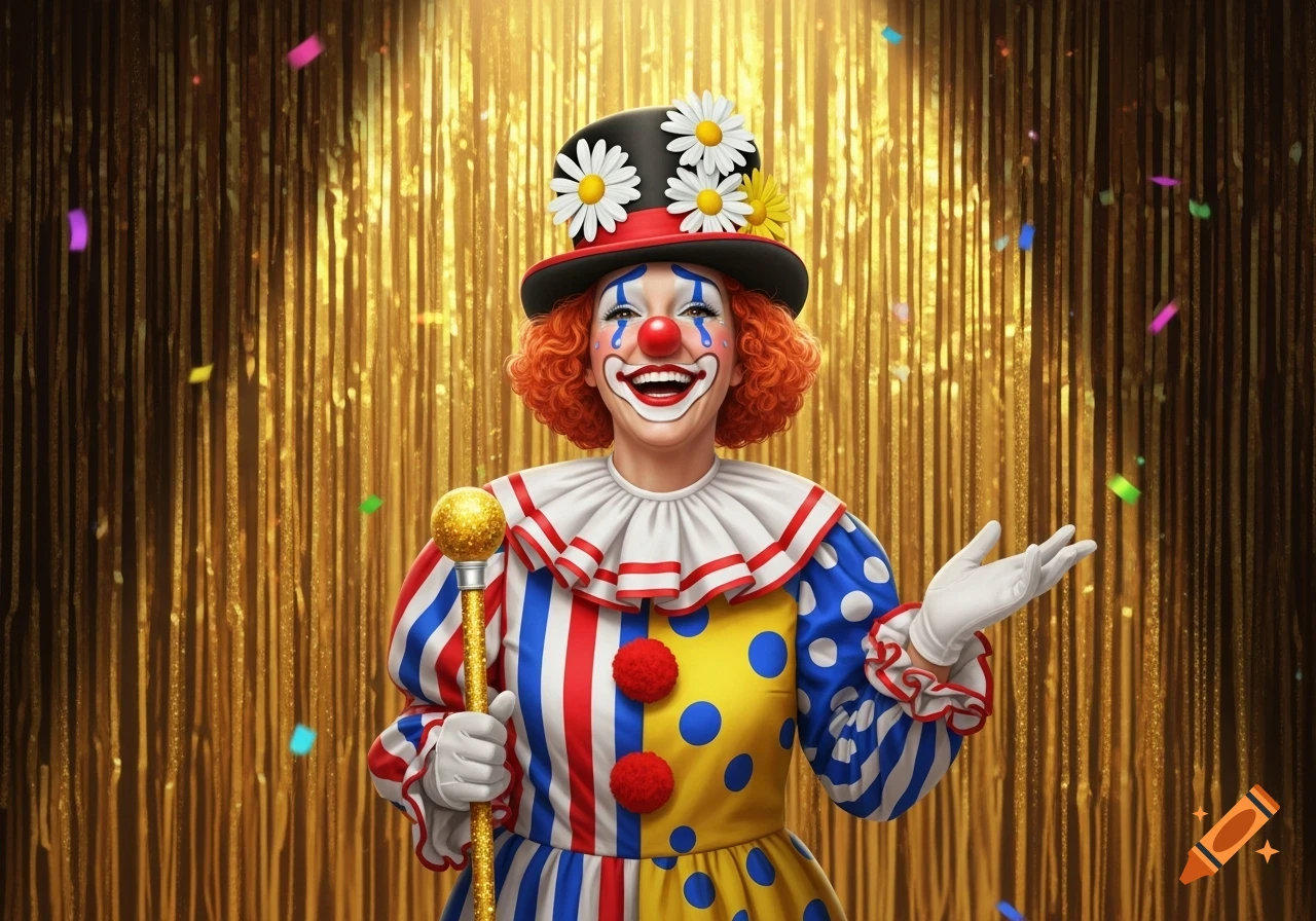 A smiling female clown in a colorful costume and daisy-adorned top hat stands against a golden fringe curtain with confetti falling, holding a scepter.