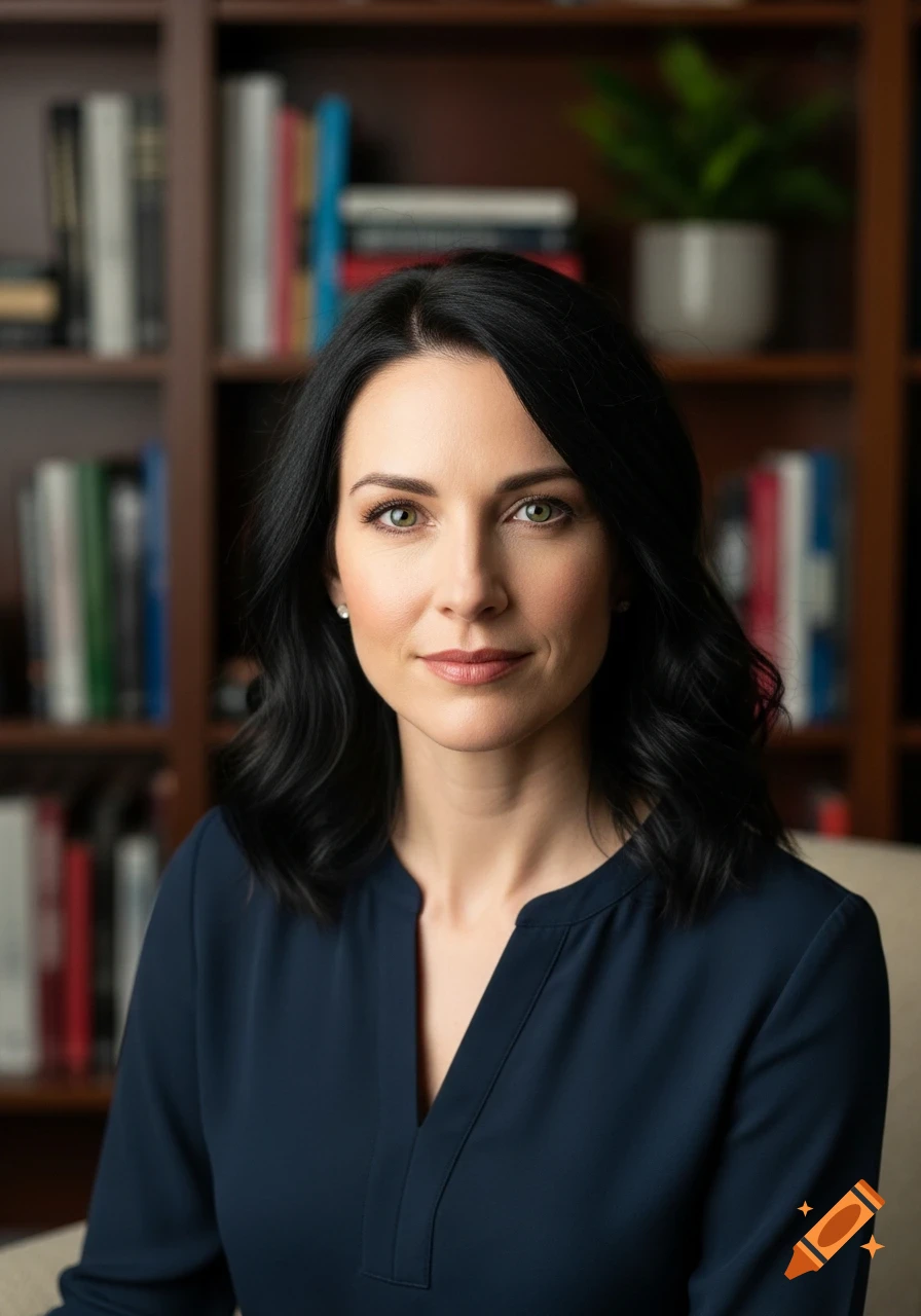 A dark-haired woman with green eyes in a navy blouse smiles slightly, with a blurred bookshelf in the background.
