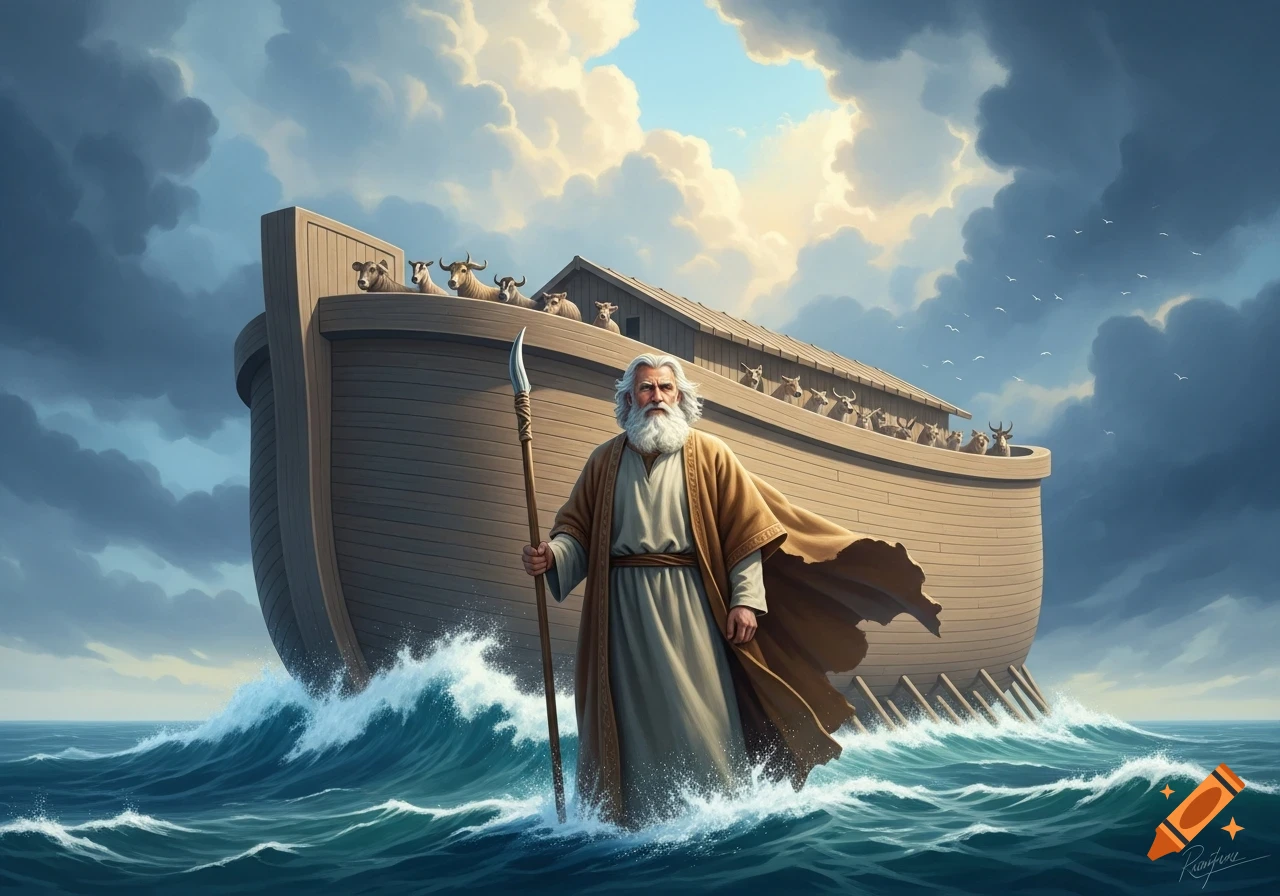 Bearded Noah stands in rough waters with a staff, in front of a wooden ark full of animals under a dramatic sky.
