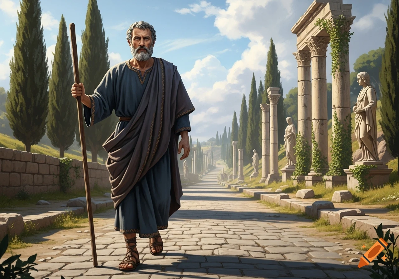 Paul, a man in ancient Roman attire, walks on a cobblestone road lined with cypress trees, columns, and statues under a blue sky.