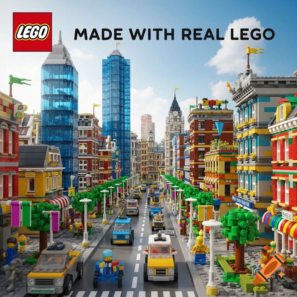 A detailed LEGO city street with cars, minifigures, and buildings under a blue sky. Text: "LEGO MADE WITH REAL LEGO".