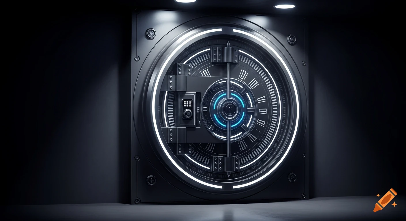 A dark, futuristic vault door with bright white and blue neon lights, featuring a complex locking mechanism and a keypad.