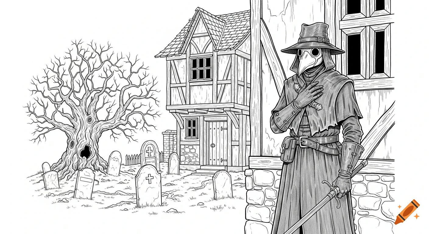 A black and white line art drawing of a plague doctor standing in front of an old half-timbered house and a graveyard with a large tree.