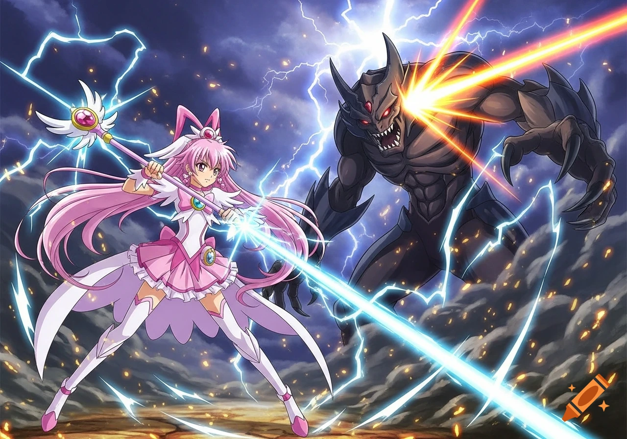 Pink-haired magical girl battling a dark horned monster with energy blasts in a dramatic anime style.