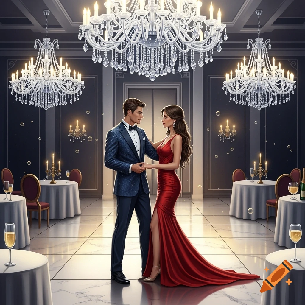 A man in a dark suit and a woman in a long red dress hold hands in an elegant ballroom under grand chandeliers.