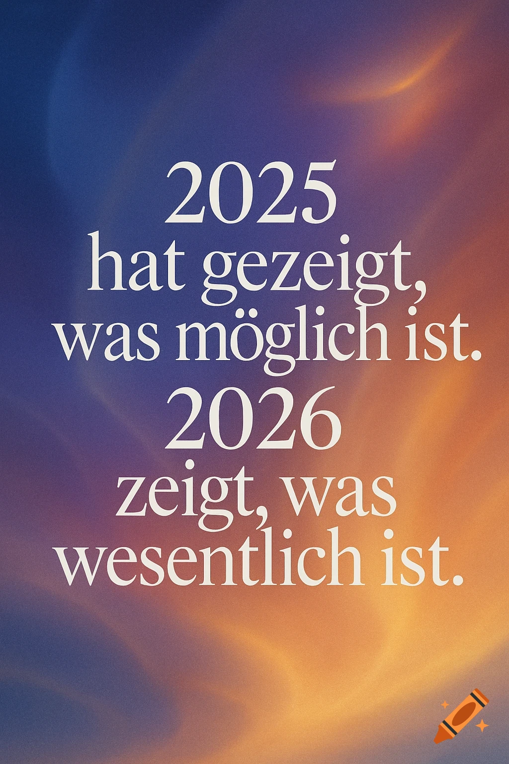 White German text on an abstract gradient background shifting from deep blue to warm orange, with a subtle grainy texture.
