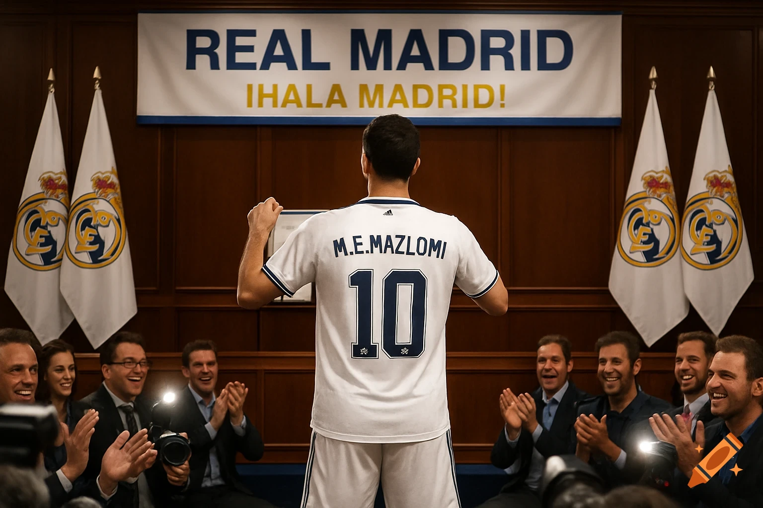 A man in a white Real Madrid jersey with 'M.E.MAZLOMI 10' on the back stands facing a banner that says 'REAL MADRID IHALA MADRID!', surrounded by clapping people.