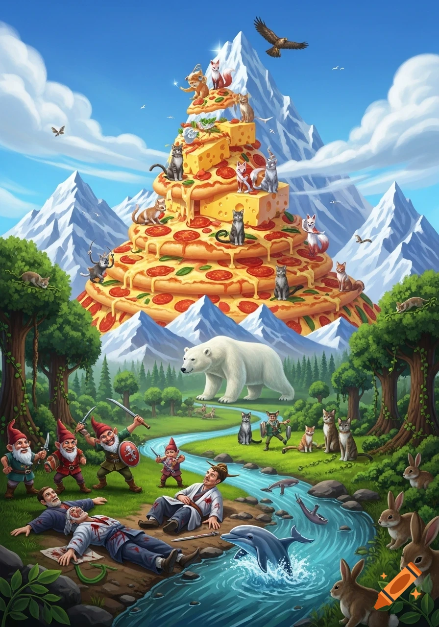 A vibrant fantasy illustration of gnomes fighting near injured men by a river with a dolphin, a polar bear, and rabbits in a forest, all set against a pizza and cheese mountain topped with cats and foxes.