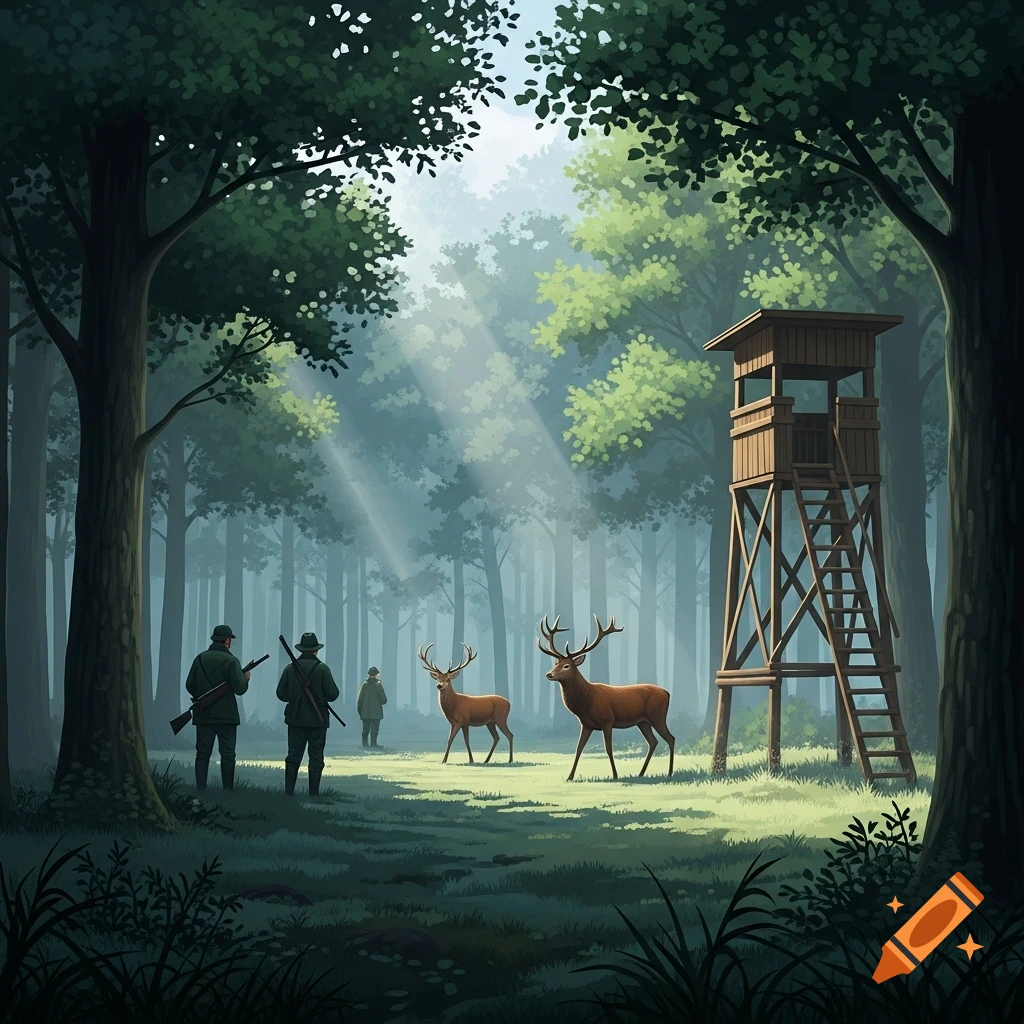 Stylized illustration of three hunters and two deer in a sunlit forest clearing with a tall hunting stand.