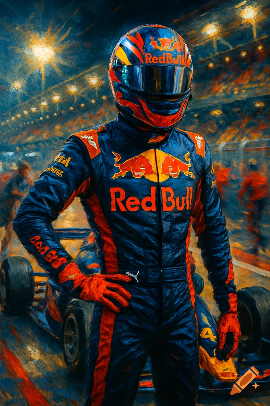 An artistic painting of a Red Bull Formula 1 driver in a dark blue and red race suit and matching helmet, standing by a race car on a track at night.