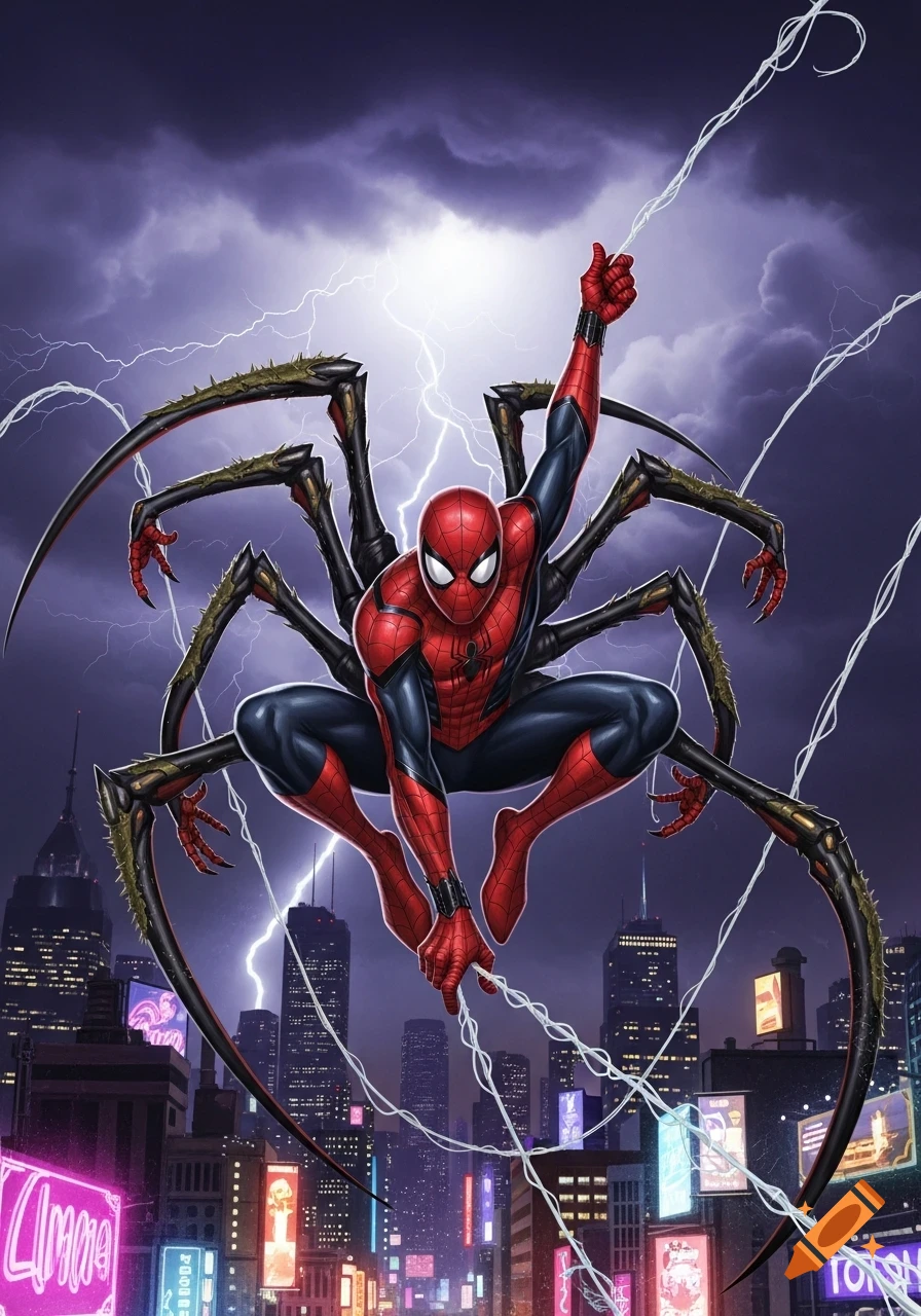Spider-Man with mutant spider limbs crouches above a neon city as lightning strikes the stormy sky, comic art style.
