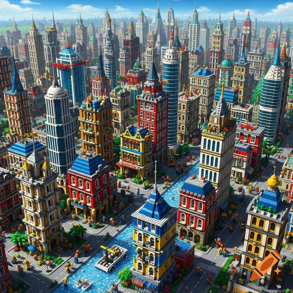 Vibrant, detailed Lego city with numerous colorful tall buildings, streets, and a canal, viewed from above.