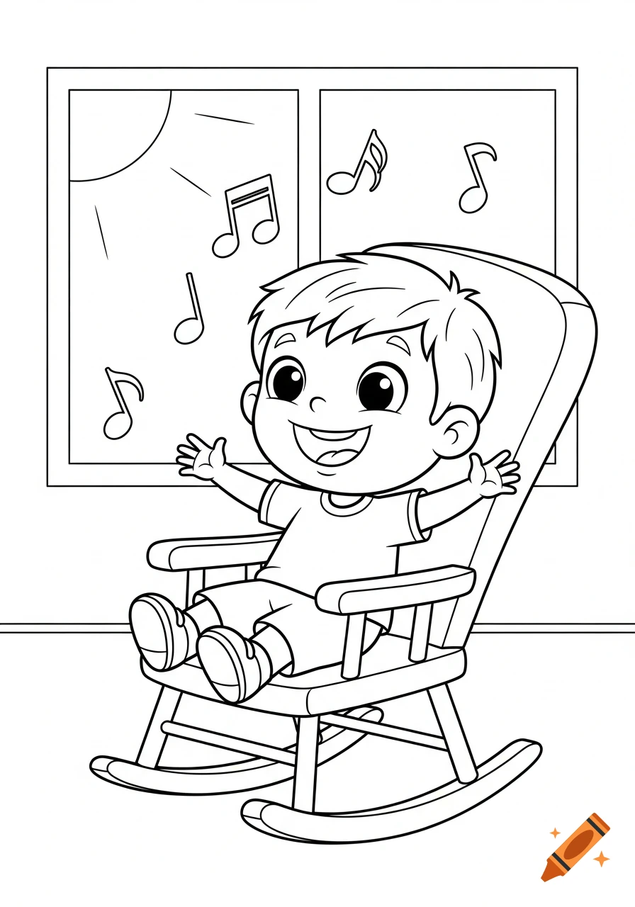 Line art illustration of a smiling boy in a rocking chair with musical notes floating around him.