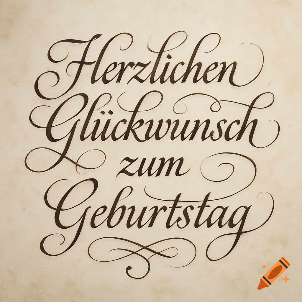 Beautiful calligraphy in German reads "Herzlichen Glückwunsch zum Geburtstag" (Happy Birthday) on a textured light background.