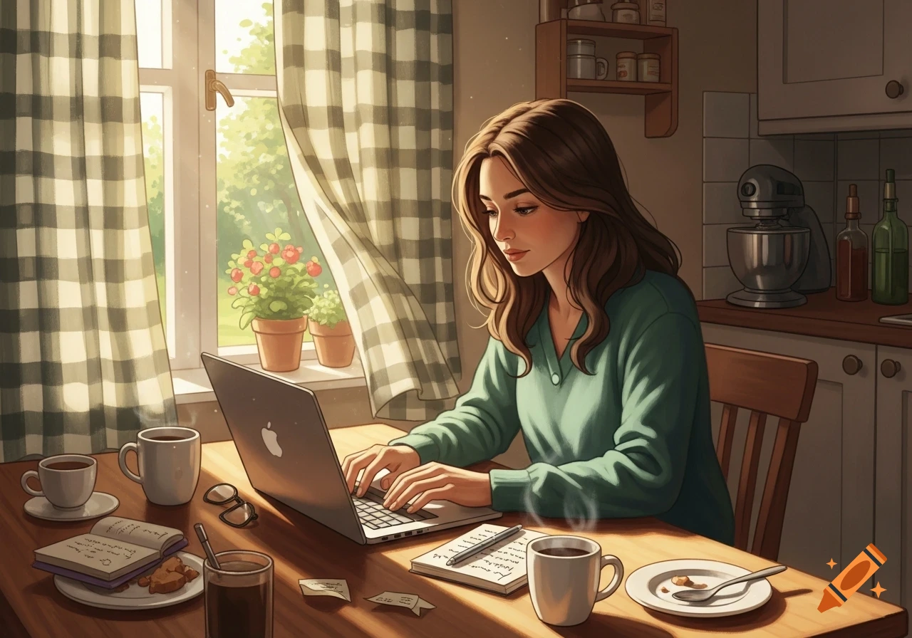 Digital illustration of a woman with brown hair typing on a laptop at a kitchen table by a sunny window, surrounded by coffee mugs and notebooks.