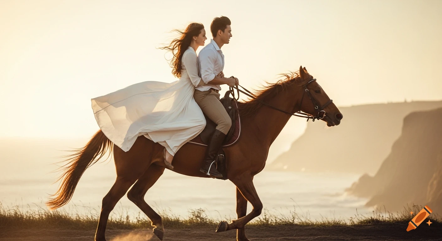 A man and woman riding a horse at gallop along a cliff at sunset, in a cinematic, photorealistic style.