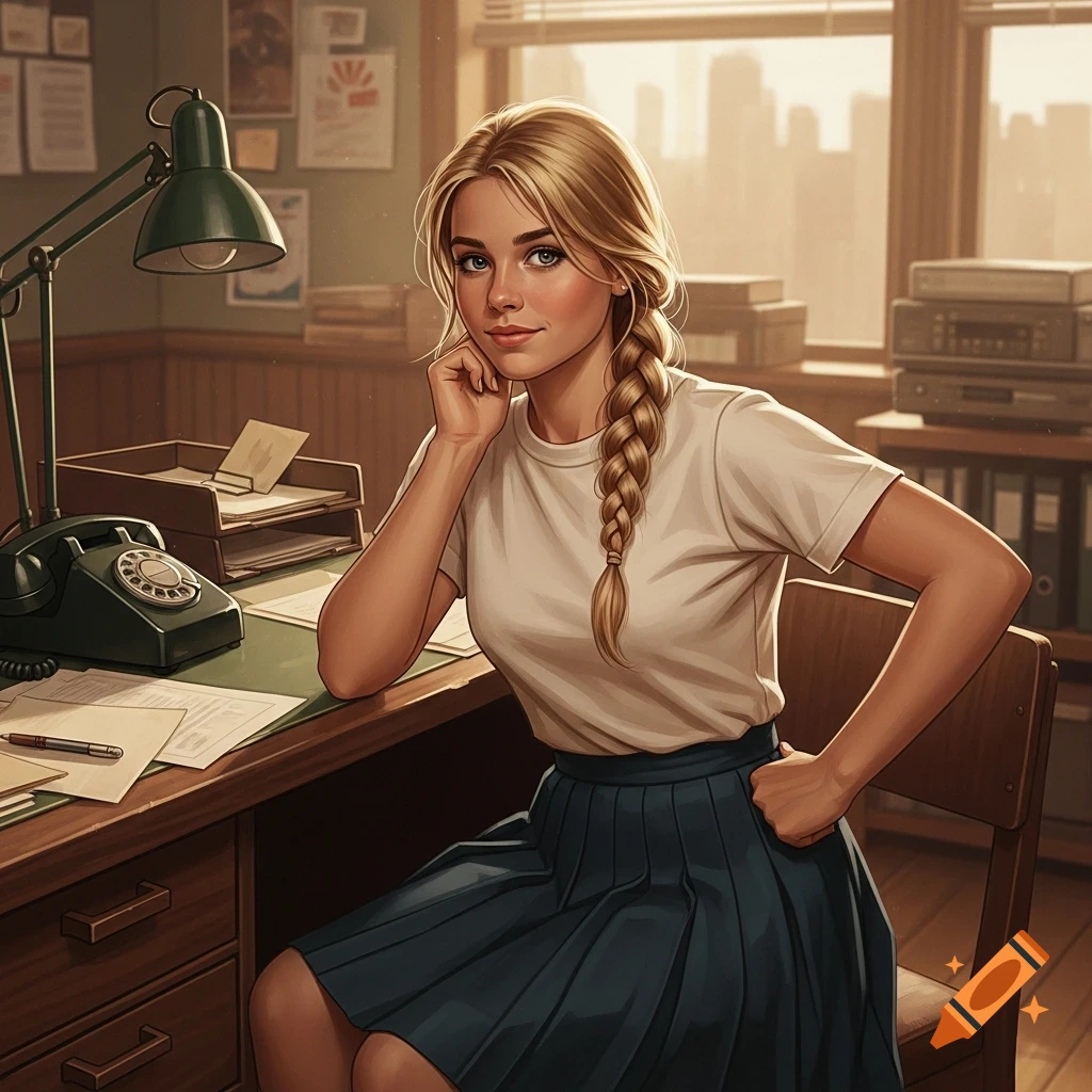 An illustration of a young woman with a blonde braid sitting at an office desk, smiling with her hand on her chin.