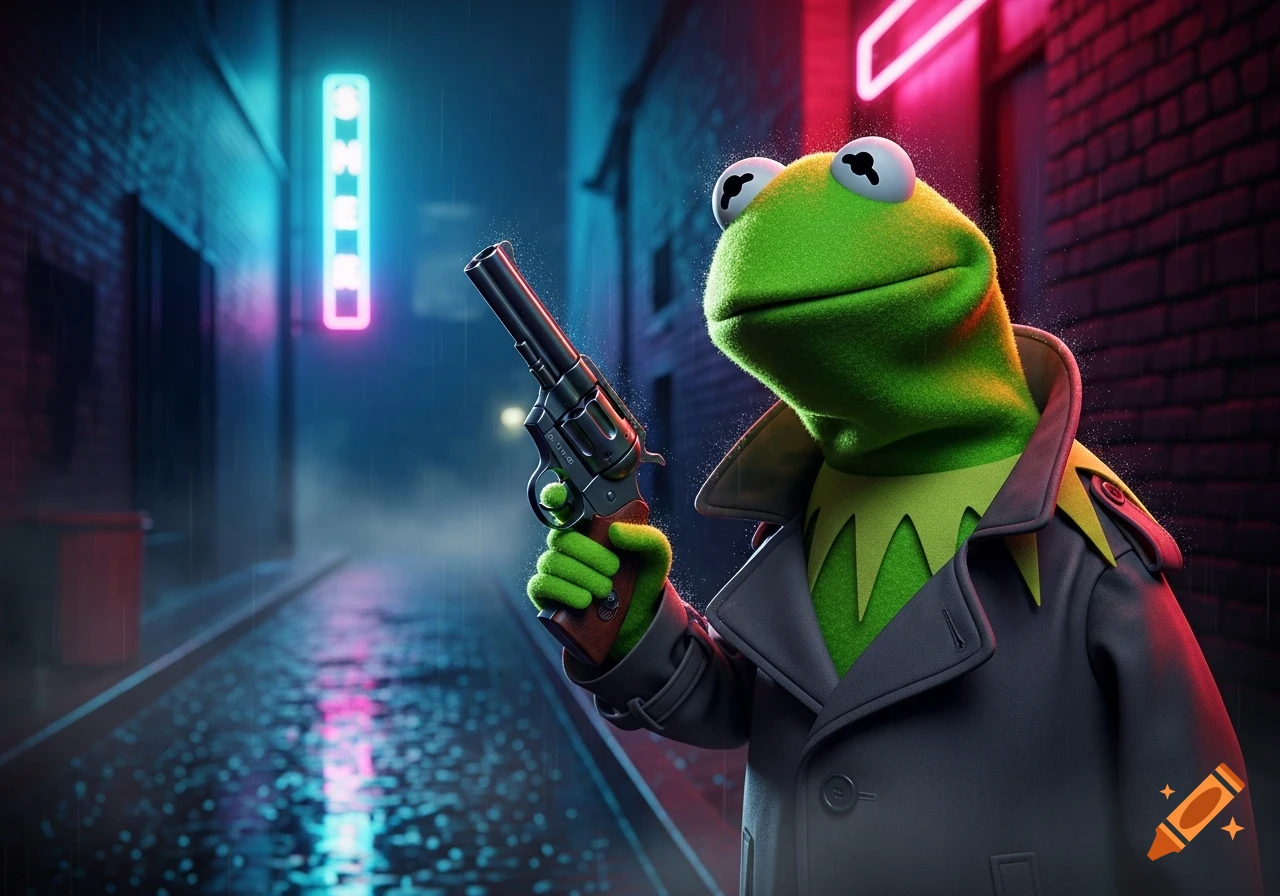 Kermit the Frog in a trench coat holds a revolver in a rainy, neon-lit alley at night, in a noir style.