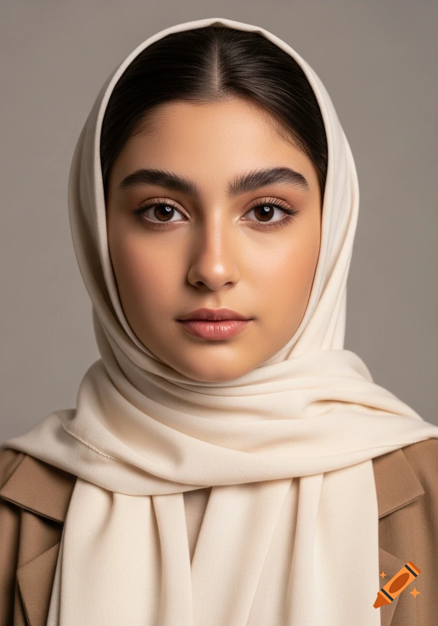 Photorealistic portrait of a young woman with dark hair and eyes ...